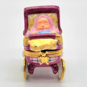 Authentic Limoges Hand Painted Porcelain Baby Girl in Stroller Trinket Box